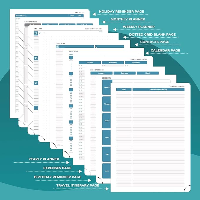Weekly Monthly 2026 Planner (Jan.26-Dec.26),8.5"x6.5",12 Months Agenda Plan with Month Tabs & Pocket,Expenses/Note Pages, Appointment Book Calendar with Vegan Leather Cover,Light Blue