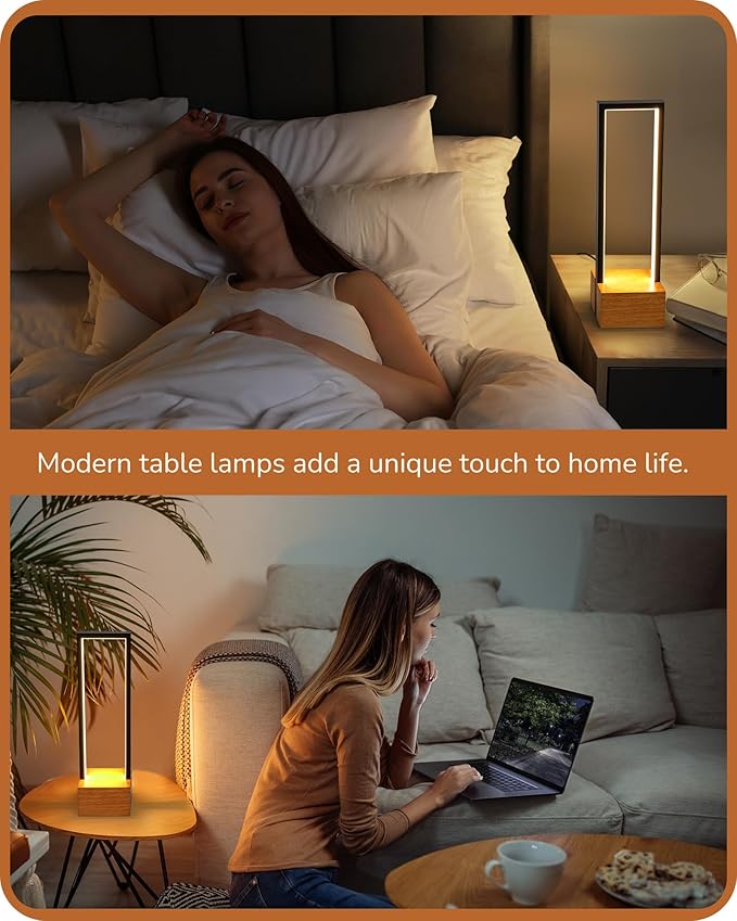 EDISHINE LED Table Lamp, Wooden Bedside Lamp with 3 Color Temperatures, Dimmable Square Nightstand Lamp for Bedroom Living Room, Complete Dark Rose Wood Color Base