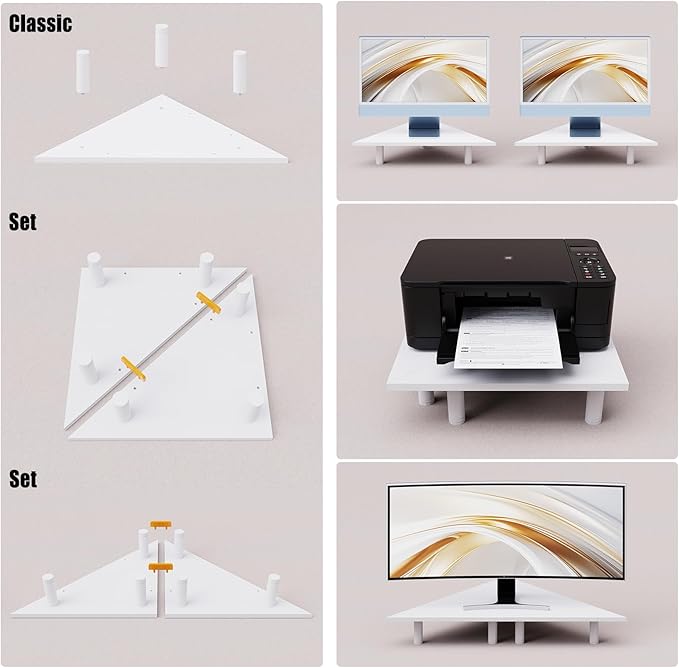 2 Pack White Corner Monitor Stand, Triangle/Square Adjustable Height Riser, 27-inch Universal Desktop Shelf for Computer, Laptop, PC, iMac, Printer (White)