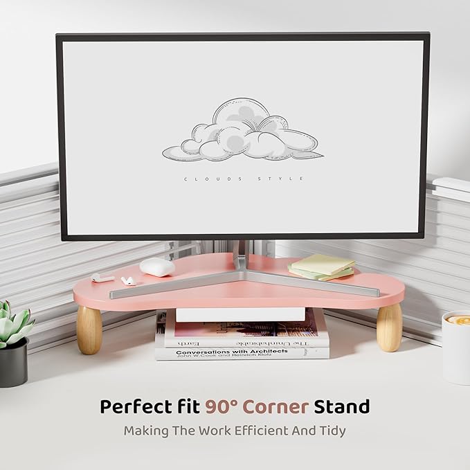 Monitor Stand Riser,Cloud-Shaped Sturdy Wood Computer Monitor Riser Wirh Drawer, Monitor Stand Riser, Multi-Purpose Desktop Organizer Riser for Computer,Laptop,Printer,TV,Pink