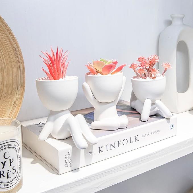 3PCS Human-Shaped Potted Artificial Plants Office Decor for Women and Men, Small Fake Plants Decor for Bedroom and Bathroom, Cute Faux Succulent Desk Decor for Office and Home, Pink