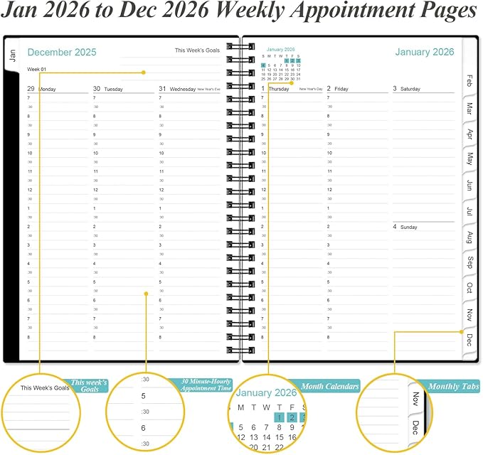 2026 Appointment Book & Planner - 2026 Daily Hourly Planner from January 2026 - December 2026, Weekly Appointment Book with 30-Minute Interval, Medium 6.4" x 8.5", Black-B