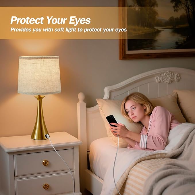 Touch Table Lamp for Living Room Bedroom, 21" Table Lamps Set of 2 with USB C+A Ports, Touch Bedside Lamps for Nightstand with 3 Way Dimmable, 2 LED Bulbs Included, Gold