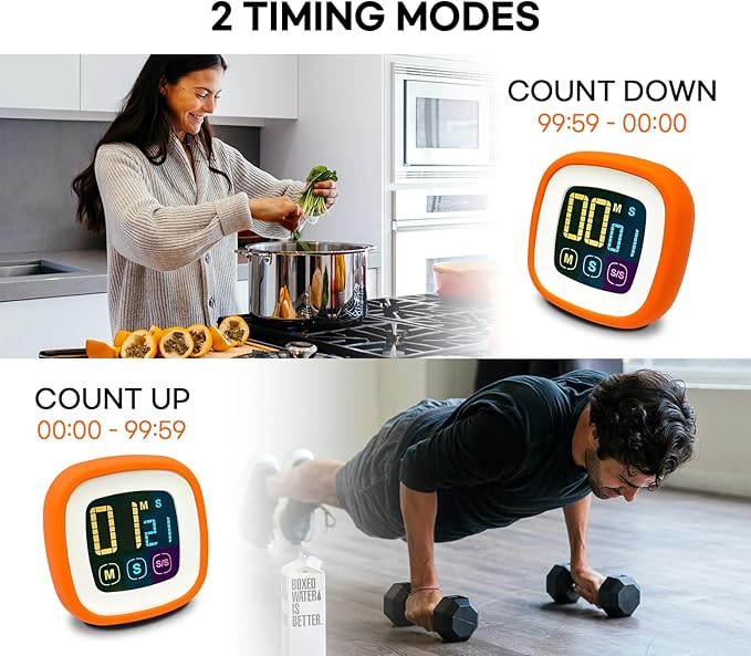 Digital Kitchen Timer, Countdown, Countup, Protective Rubber case, Large Display with Color Bold Digits, Touch Control, Backlit, Magnetic Kickstand, Loud Alarm, Auto Memory (Orange)