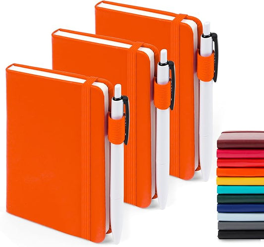 feela 3 Pack Pocket Notebook Journals with 3 Black Pens, A6 Mini Cute Small Journal Notebook Bulk Hardcover College Ruled Notepad with Pen Holder for Office School Supplies, 3.5”x 5.5”, Orange