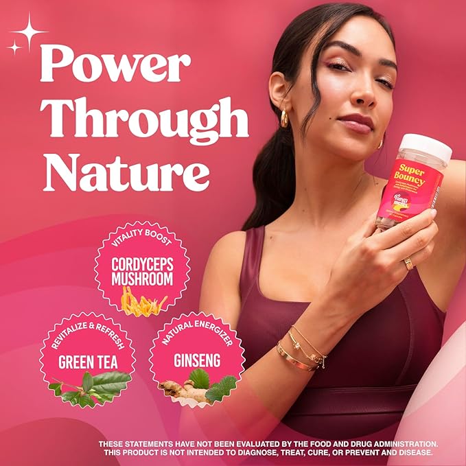 Super Bouncy - Mushroom Supplement - Cordyceps Mushrooms, Green Tea, Ginseng - Energy and Focus (60 Capsules)