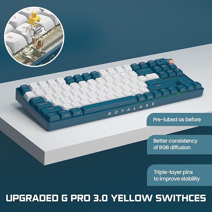 R87 Wireless Mechanical Keyboard, Hot Swappable Wired/2.4G Wireless/Bluetooth Keyboard with RGB Light for Windows & Mac, PBT Keycaps, G Pro Yellow Switch, Whale Blue