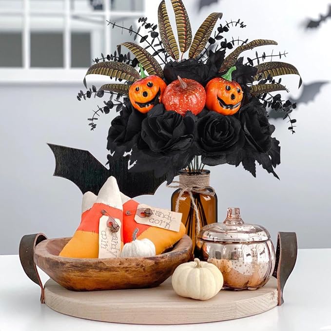 Halloween Artificial Flowers Decorations,Fake Black Roses Eucalyptus Pumpkins with Vase Arrangements Halloween Table Centerpiece for Kitchen Dining Living Room Home Indoor Decor