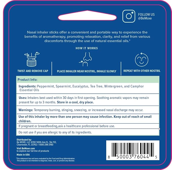 MOXE Migraine Relief Nasal Inhalers, Essential Oils for Headaches & Tension Relief, Portable Aromatherapy, Easy-to-Use, Pure & Undiluted, Peppermint, Spearmint, Eucalyptus, Tea Tree, USA Made, 3 Pack