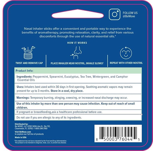 MOXE Migraine Relief Nasal Inhaler, Essential Oils for Headaches & Tension Relief, Portable Aromatherapy, Easy-to-Use, Pure & Undiluted, Peppermint, Spearmint, Eucalyptus, Tea Tree, USA Made, 1 Pack