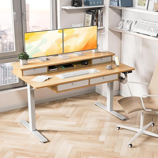 Standing Desk with Fast Charging USB Ports, 55" x 30" Height Adjustable Home Office & Gaming Desk, Sit Stand Desk with Built-in Storage Shelf, Hook & Ergonomic Design(Maple)