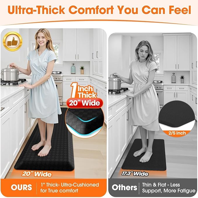 StepRite 1” Thick Kitchen Mats for Floor, Anti Fatigue Kitchen Rugs, Non-Slip,Heavy Duty Waterproof Kitchen Rug, Standing Desk Mat for Home, Kitchen, Office(Black)