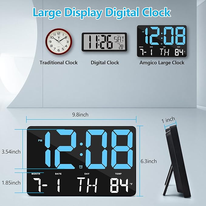 Amgico Digital Alarm Clock with Snooze, Temperature, Auto Dimming, 11.5" Large Display Calendar, Desk/Wall Clock for Bedroom, Living Room, Office, Home, Classroom, Kids, Elderly - Blue
