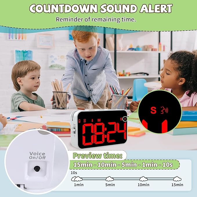 Digital Timer for Kids, 199min 59s Countdown/Up, Rechargeable, Magnetic, 3 Brightness Display, 3 Volume Levels and Vibration, with Sound Alert Function, for Kitchen, Classroom, Study, Fitness
