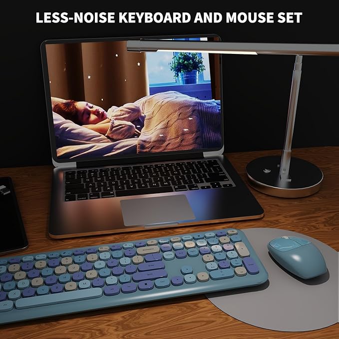 Wireless Keyboard and Mouse Combo, Colorful Ergonomic Full Size Retro Low-Noise Keyboard with Cute keycaps, Compatible with Windows, PC, Perfer for Home and Office Keyboards (Blue)