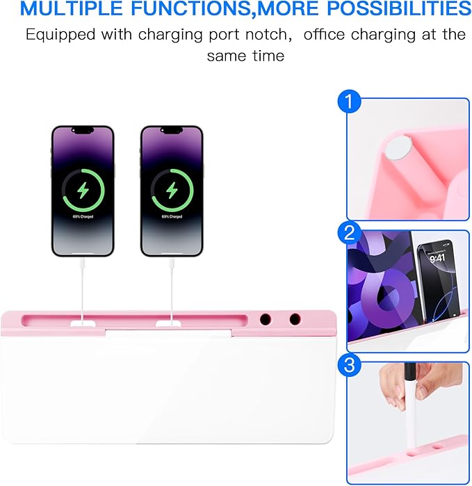 KVY Pink Desk Whiteboard with Storage,Desktop Glass Dry Erase White Board Organizers Supplies with Accessories for Women.Office, Home, School Essentials