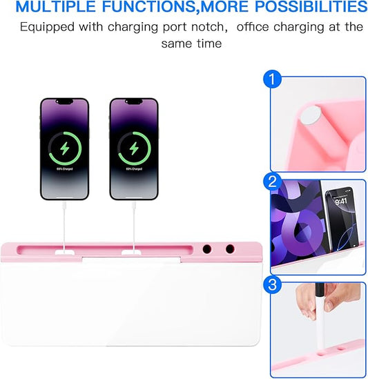 KVY Pink Desk Whiteboard with Storage,Desktop Glass Dry Erase White Board Organizers Supplies with Accessories for Women.Office, Home, School Essentials