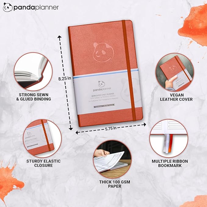 Panda Planner Daily Planner 2025-2026 – Classic Undated Productivity Planner & Hourly Schedule Notebook – Day Planner for Focus & Goals – Orange