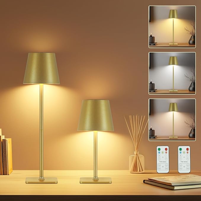 Rechargeable Cordless Table Lamp with Remote 2 Pack, 5200mAh Battery Operated Desk Lamp with Timer, 3-Color Stepless Dimming Wireless Desk Lamp, Portable Table Lamp for Bedroom Restaurant (Gold)