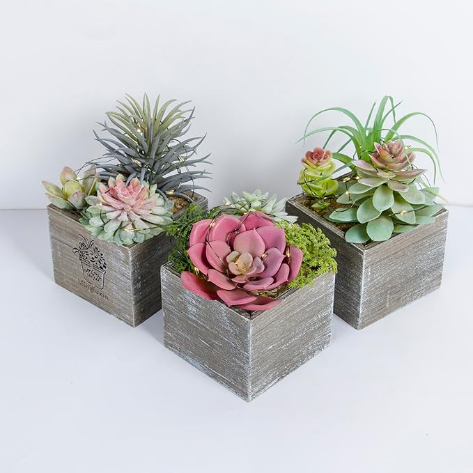 Small Fake Plants, 3 Packs Mini Succulent Plants Artificial with Led Lights for Indoor Bathroom Bedroom Desk Office Decor