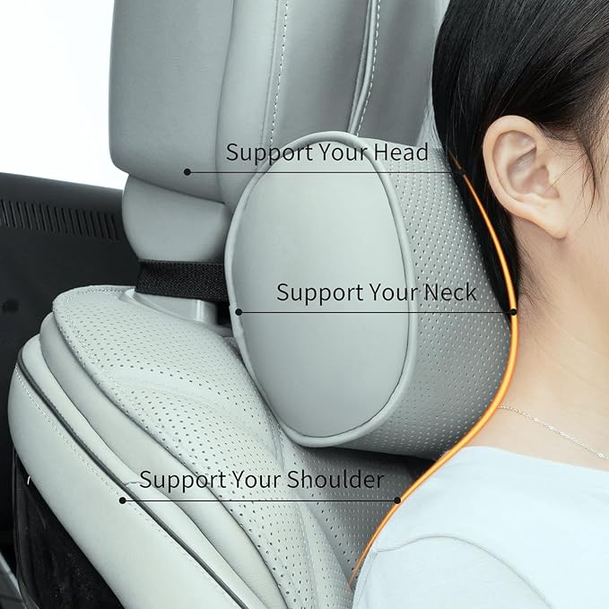 Car Headrest Pillow for Driving - Luxury Leather 100% Memory Foam, Ergonomic Neck Support - Universal Fit Head Rest Travel Pillow for Most Cars, Home & Office, Gray, 2 Pack