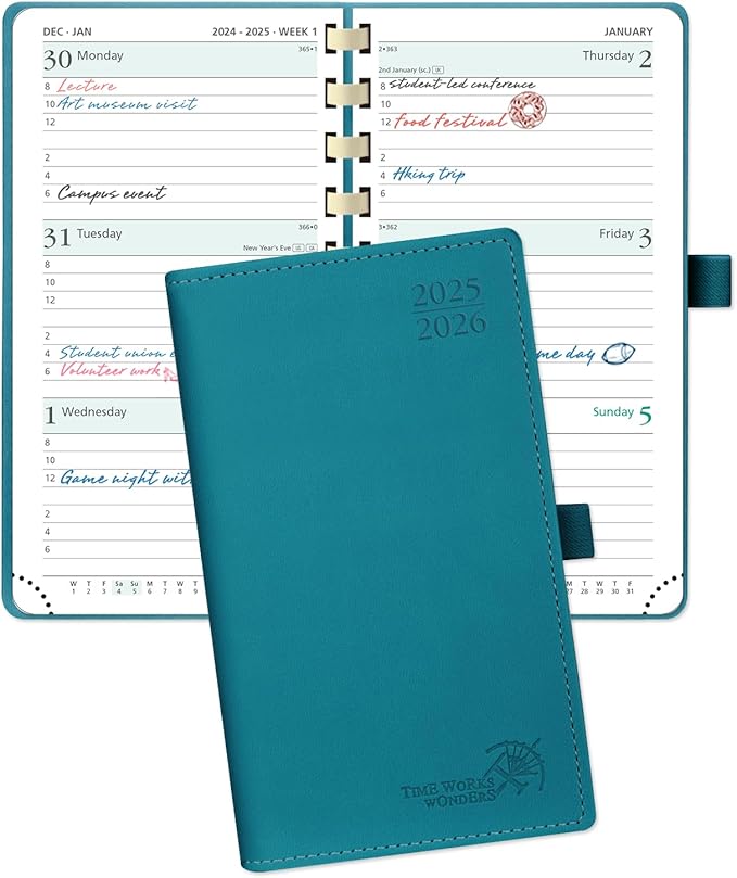 POPRUN Pocket Planner 2025-2026 (Slim Size 3.5'' x 6.5'') Academic Purse Calendar (July 2025 - June 2026) with Hourly Time Slots, 100GSM Thick Paper, Spiral Soft Cover - Pacific Green