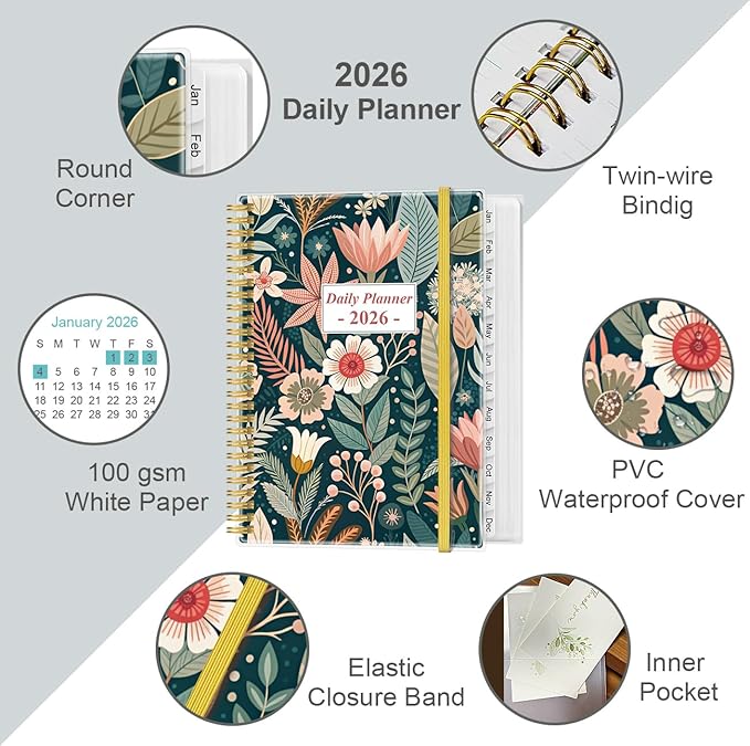 2026 Daily & Monthly Planner - One Page Per Day, Daily Planner from January 2026 - December 2026, Planner 2026 with 12 Monthly Tabs, 8.5" x 11", Flower-A