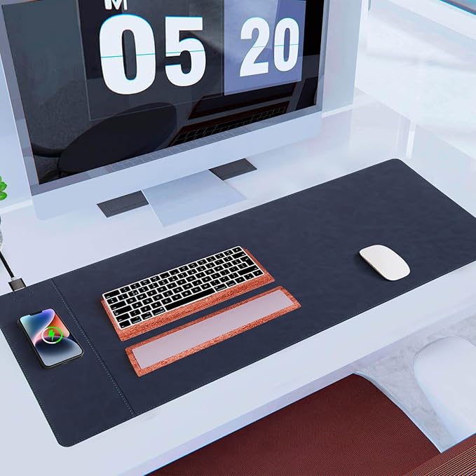 Magnetic Wireless Charging Desk Mat, 31"x11.7" Mouse Pad with Ultra-Smooth Surface, Microfiber Leather Office Mouse Mat, Waterproof Extended Computer Keyboard Desk Mat for Office & Home, Laptop, Blue