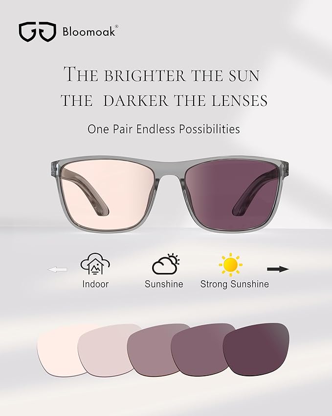 Bloomoak Rose Tinted Photochromic for Indoor/Outdoor UV 400/Migraine Relief Glasses for Fluorescent LED Glare/Photophobia