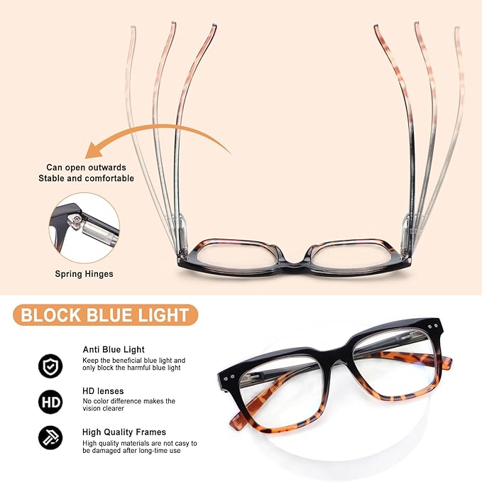 Progressive Multifocus Reading Glasses for Women Men Blue Light Blocking Spring Hinge Square Computer Readers