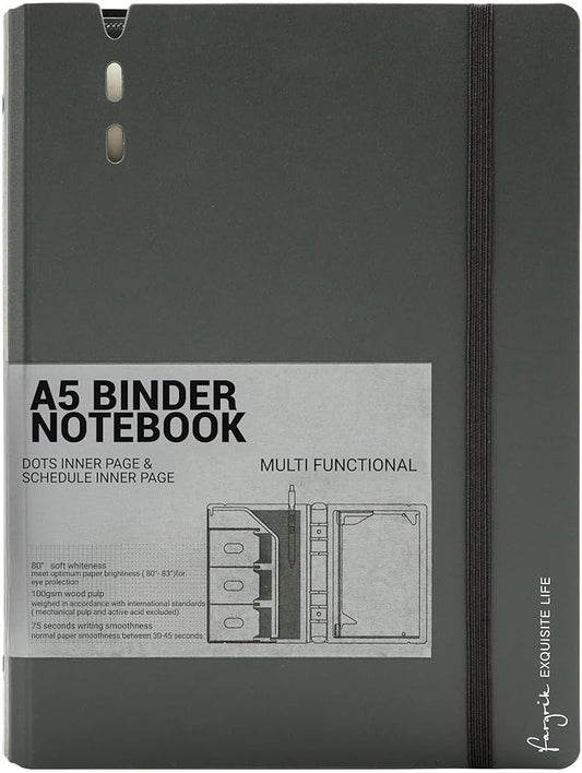 CAGIE A5 Binder 6 Ring Notebook with Dividers Refillable Planner Binder with Pockets, Refill Paper Include Planning Square Ruled and Dotted Pages, 6.89 x 9.25 In, (Grey, A5 Daily&Dot Page)