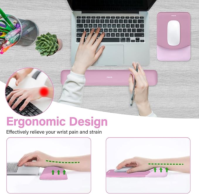 MOSISO Wrist Rest Support for Mouse Pad&Keyboard Set, Rectangular Ergonomic Mousepad Non-Slip Base Home/Office Pain Relief&Easy Typing Pad with Neoprene Cloth&Raised Curved Memory Foam, Mauve Pink