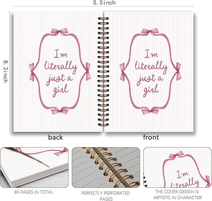 Coquette Pink Notebook Journal, Preppy Pink Bow Striped Aesthetic Journal Notebook for Note Taking,Cute Girly Notebook,Preppy Gifts for Women,Pink Office Supplies,Spiral Notebook 5.5x8.3 Inch