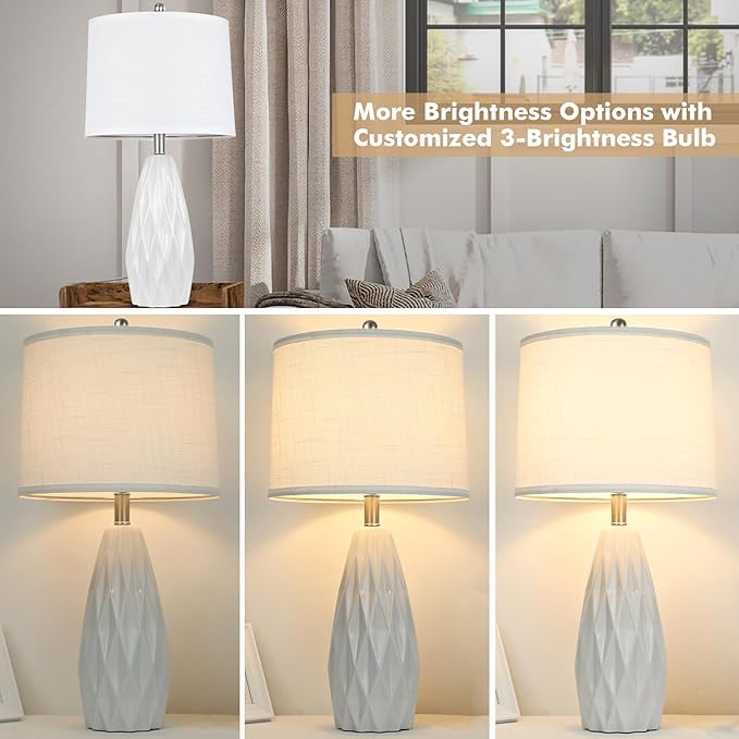 25'' Table Lamp White Table Lamps Modern Ceramic Lamps for Night Stand - Dimmable Bedside Lamps for Nightstand, Bedroom Lamp for Living Room Desk End Table Office Guest Room