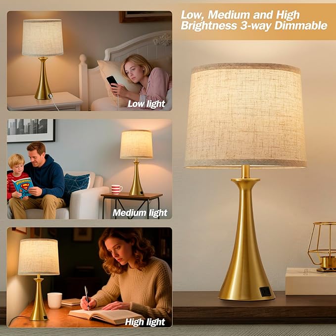 Touch Table Lamp for Living Room Bedroom, 21" Table Lamps Set of 2 with USB C+A Ports, Touch Bedside Lamps for Nightstand with 3 Way Dimmable, 2 LED Bulbs Included, Gold