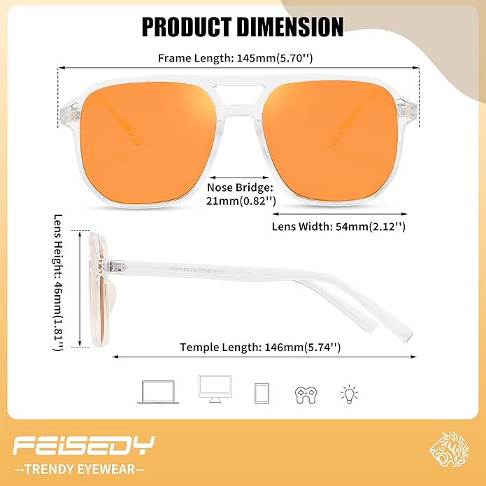 FEISEDY Amber Blue Light Glasses for Computer Gaming Anti Eyestrain Sleep Glasses G2835