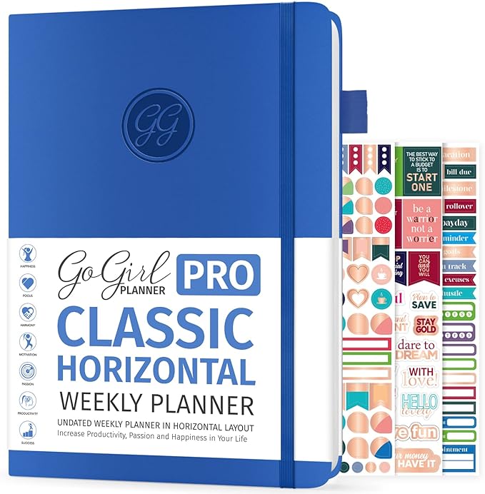 GoGirl Planner PRO - Undated Horizontal Layout Weekly Planner and Organizer + Budgeting and Expense Tracking Pages, Goals Journal & Agenda, 7" x 10" Hardcover, Lasts 1 Year - Blue