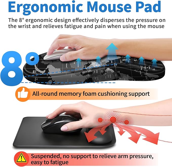 Ergonomic Mouse Pad with Wrist Rest Support, Mousepad with Comfortable Memory Foam Wrist Rest and Non-Slip PU Base for Pain Relief, Computer, Laptop, Office, Home (World Map)