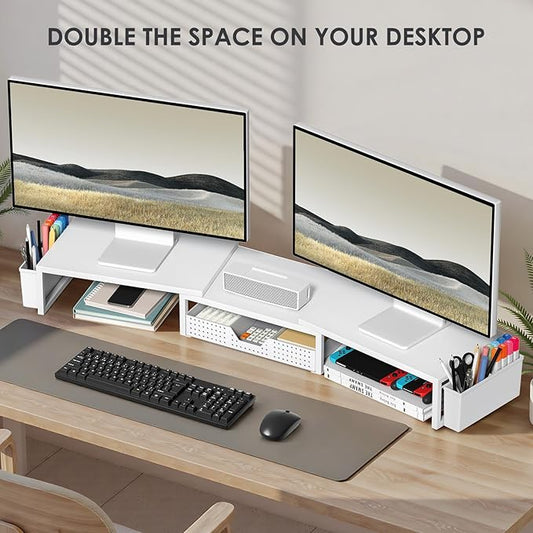 White Dual Monitor Stand Riser, Metal Desk Organizers and Accessories with Drawer and 2 Pen Holders, Computer Monitor Stand for Desk