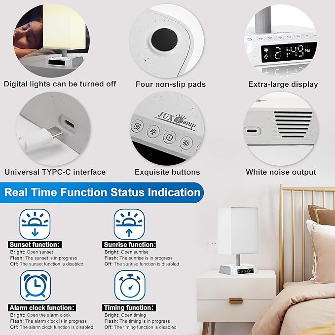 Bedside Table Wake up Light Alarm Lamp APP Control Sound and Light Awakening Sunrise Alarm Clock lamp Bioclock Adjustment LED lamp Built-in White Noise nightstand Lamp 3 Color Adjustable