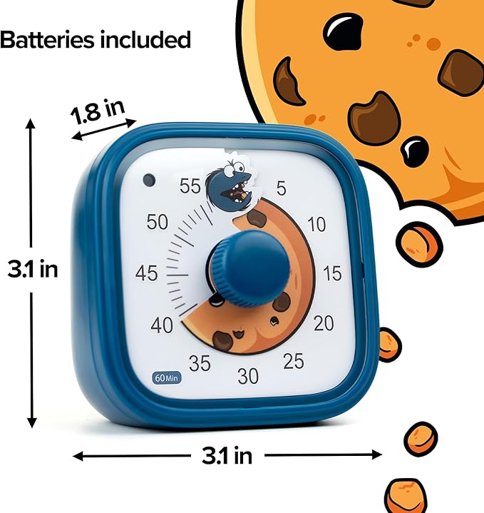 Visual Timer for Kids – Cookie Monster Clock - Silent Time Management – 60 Minute Countdown – Focus and Productivity Tool – for Classroom, Toddlers, Study, Toothbrush – Fun Design – Adjustable Alarms