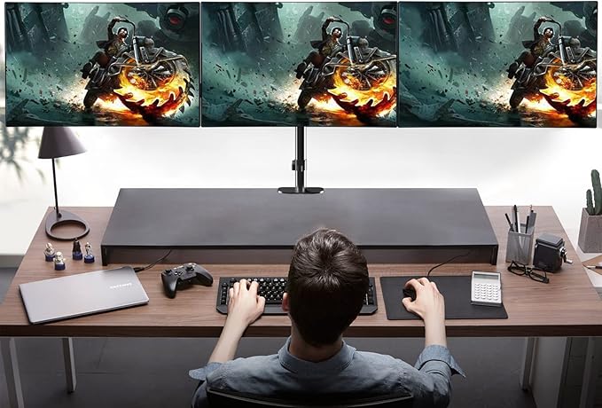 Pholiten Triple Monitor Desk Mount,Triple Gas Spring Monitor Arm for 17-32 inch LCD Computer Screens,Holds up to 22lb,Swivel, Tilt, Rotation, Clamp & Grommet Kit