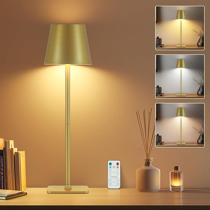 Cordless Table Lamp with Timer, Rechargeable 5200mAh Battery Operated Lamp with Remote, Adjustable Height, 3-Color Stepless Dimming, Small LED Table Lamp for Bedroom Dining Office Outdoor(Gold)