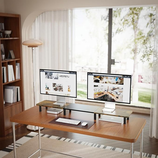 43.7" Extra Long Dual Monitor Stand Riser, Wood & Steel Monitor Stand for 2 Monitors, Wide TV Stand, Desktop Riser for Desk Organization, Home Office、Laptop,Printer,TV (Vintage black)