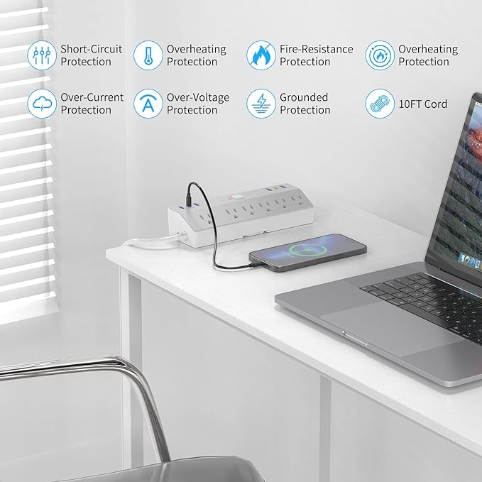 Clamp Power Strip Tall, 40W Fast Charging Station,Desk Mount Desk Shelf with 6 Outlets 6USB Ports (2USB C), 10Ft Extension Cord Home Office Essentials, Fit 2.48" Tabletop Edge