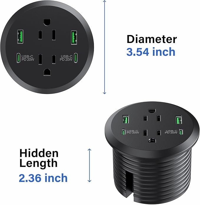 Desktop Power Grommet, 3-inch Hole, 40W Fast Charging Station, 2 PD 20W USB C Ports, 2 AC Outlets, 4 USB Ports, Flush Mount, 2 Pack
