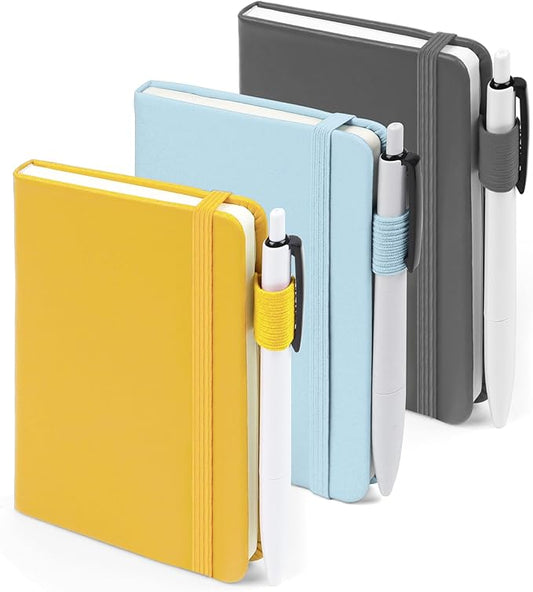 feela Pocket Notebook Journals, Mini Cute Small Hardcover College Ruled Notepad Office School Supplies, with 3 Black Pens, 3.5”x 5.5”, 3 Pack, A6, Solid Colors, Gray, Yellow, Light Blue