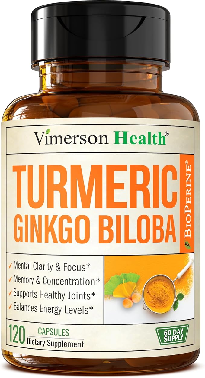 Ginkgo Biloba and Turmeric Curcumin Supplement with Black Pepper & Organic Tumeric – Natural Turmeric Supplement for Focus, Memory, Joint & Brain Health – 120 Vegan Ginko Biloba Capsules with Curcuma