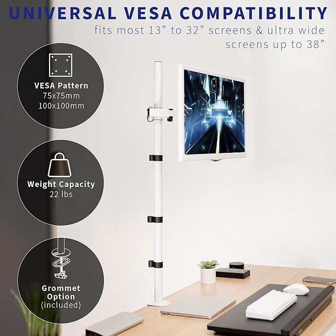 VIVO Extra Tall Single Monitor Desk Mount Stand with 39 inch Pole, Features Full Adjustability - Tilt and Articulation, Holds 13 to 32 inch Screens up to 10kg with VESA Mounting, White, STAND-V011W