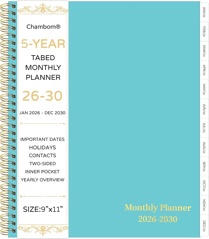 2026-2030 Monthly Planner, 5 Year Monthly Planner/Calendar 2026-2030, 60-Month Jan 2026 – Dec 2030, 9" x 11", Tabs, Double-Side Pocket, Holidays, Thick Paper - Green